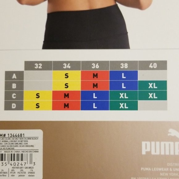 puma sports bra size chart